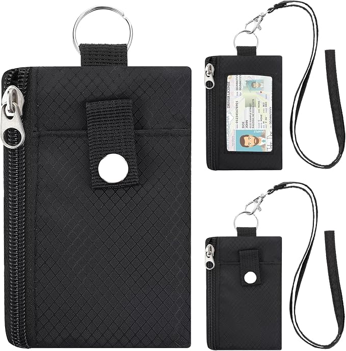 Minimalist RFID Blocking Wallet with 2 Zip Pockets and Lanyard, Water Resistant ID Case with Key Ring and Cards Badge Holder, Coin Purse Pouch for Men and Women Travel Sports -BK by Unknown
