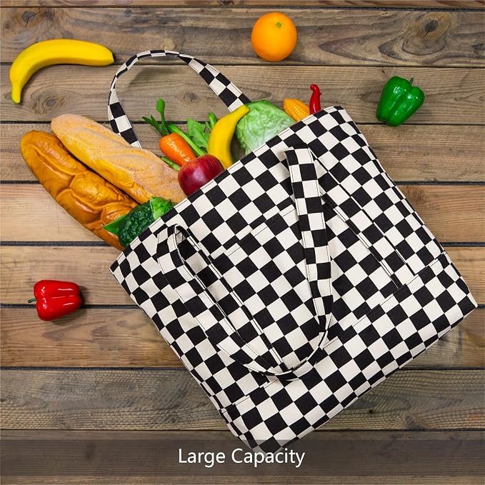 TOPDesign 1-Pack Canvas Tote Bag with an External Pocket, Reusable Grocery Shopping Bag, Top Zipper Closure, Daily Essentials (Checkerboard) - Image 4