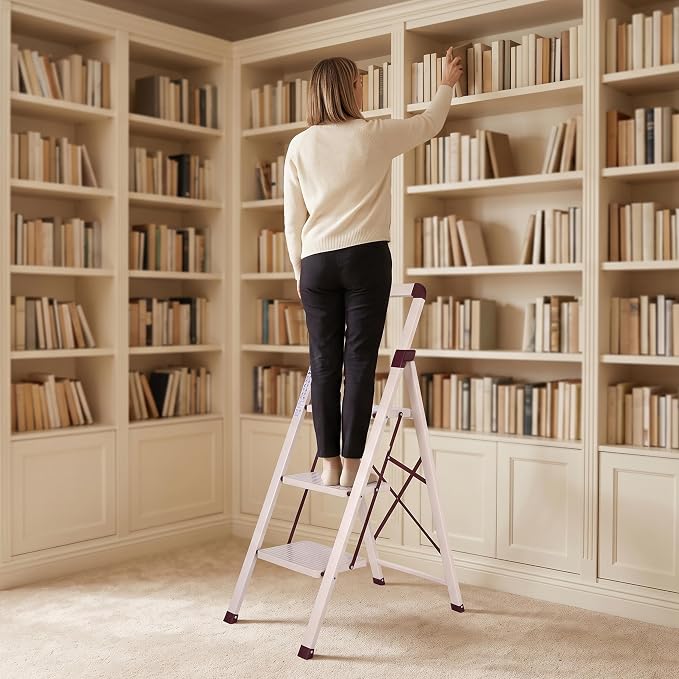 Step Ladder 3-Step White Finish Folding Ladders | Anti-slip Sturdy Foldable Ladder Step Stool for Kitchen Home Office Libaray - Image 5