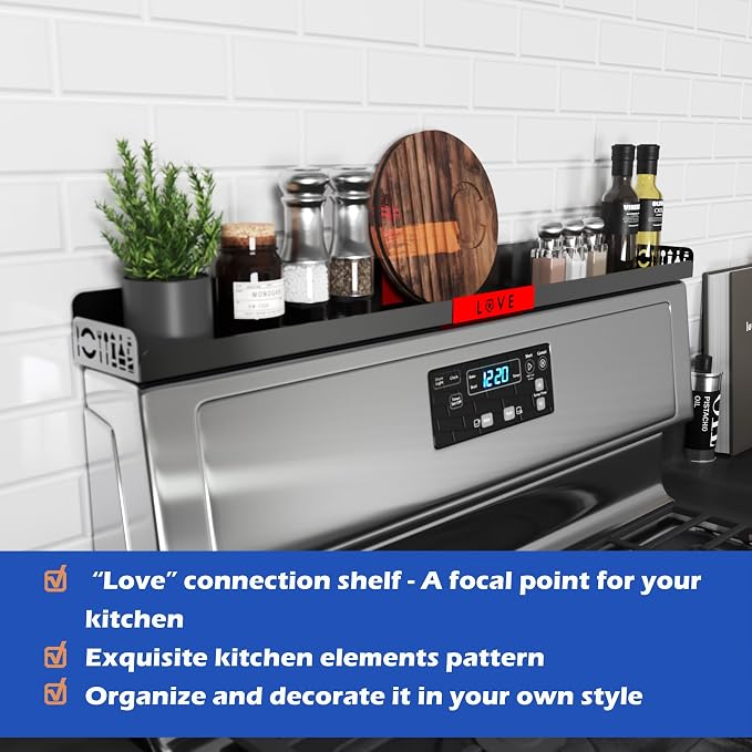 STUTOV 30" Magnetic Stove Top Shelf – Black Spice Rack with Red LOVE Design – Seasoning Organizer for Back of Stove – Over Stove Rack and Kitchen Storage Shelf - Image 3