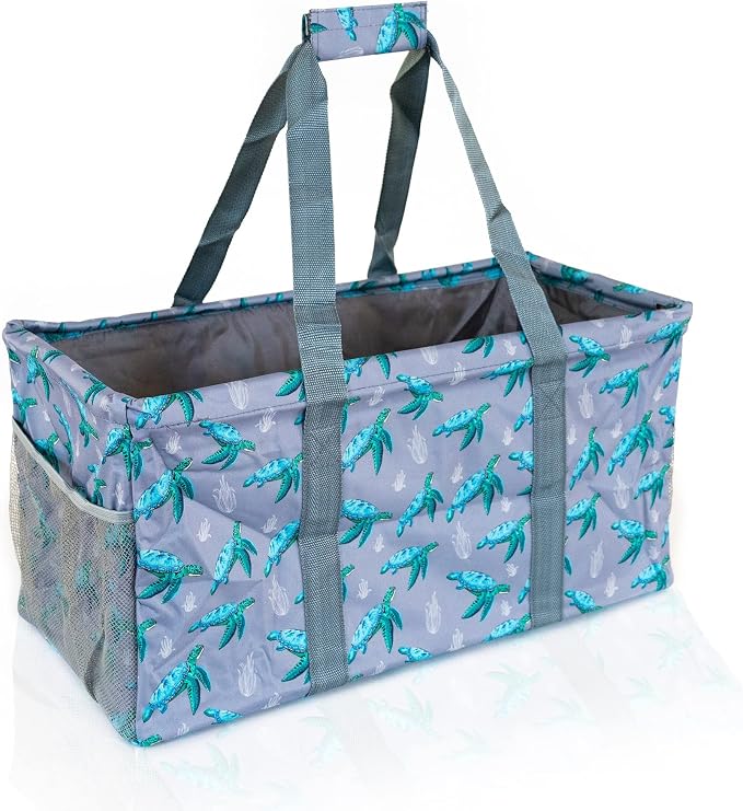 Extra Large Utility Tote Bag - Oversized Collapsible Reusable Wire Frame Rectangular Canvas Basket With Two Exterior Pockets For Beach, Pool, Laundry, Car Trunk, Storage - Turtle by Lucazzi