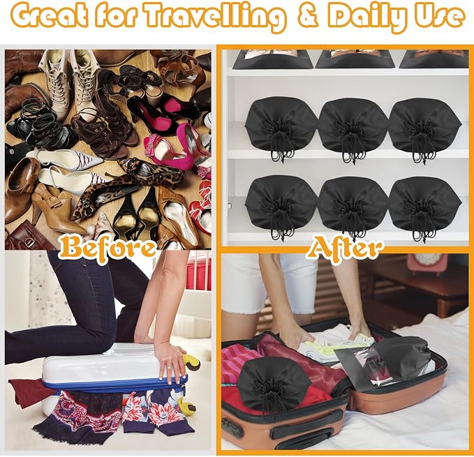 Black Travel Shoe Bags - 5 Pcs Non-Woven Packing Bags with Clear Window | 15.7" x 11.8" Waterproof Dustproof Portable Travel Shoe Storage Bag for Men and Women - Image 5