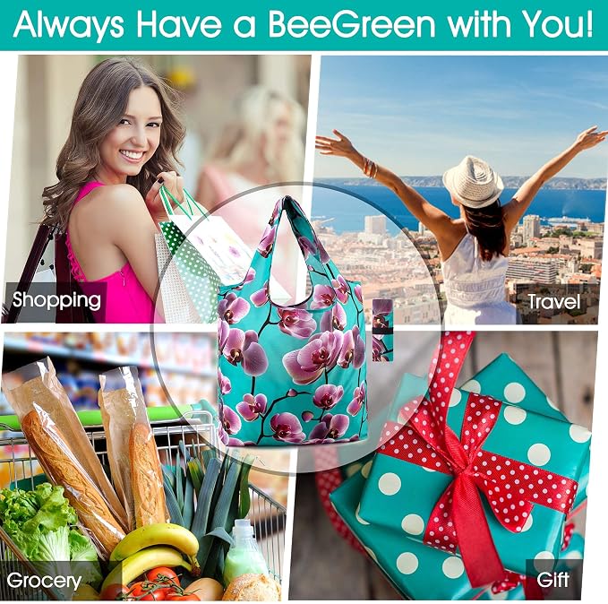 BeeGreen 12 Packs Flower Reusable Grocery Bags Reusable Tote Bags Extra Large 50LBS Cute Floral Design Foldable Reusable Bags for Women Men Lightweight Durable - Image 6