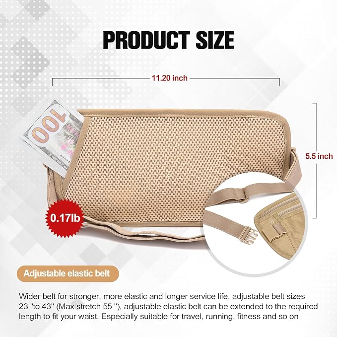 Unisex Money Belt For Men and Women, Slim Passport Holder RFID Blocking Travel Essentials Pouch with Adjustable Strap Small Waist Pouch for Workout Running Travelling Hiking, Beige - Image 6