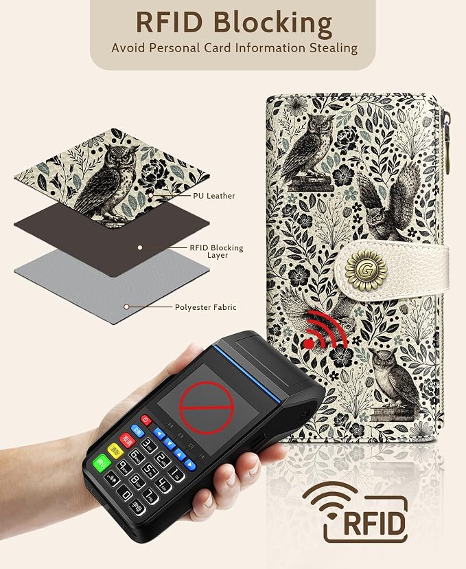 GIANCOMICS Owl Womens Wallet RFID Blocking Flower Credit Card Holder Bifold | Billfold, Cute Cash Purse, Travel Zipper Coin Pocket, Compact Clutch, PU Leather, ID Window, 11 Card Slots, Ladies Gift Woman - Image 4