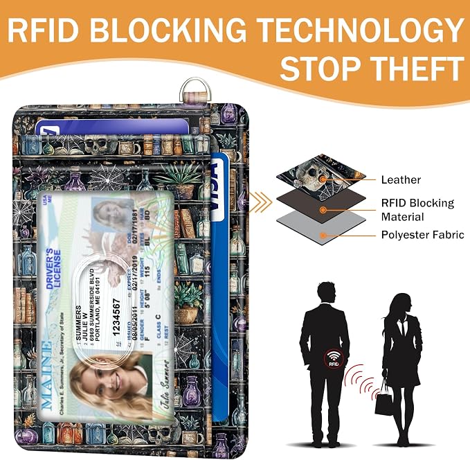 Yonlevres Goth Book Credit Card Holder Wristlet Wallet Women RFID Small | Front Pocket, Handy, RFID Blocking, Woman Girls Ladies Gifts, D-ring for Keychain,Thin Mini Card Case, ID Window, PU Leather - Image 5