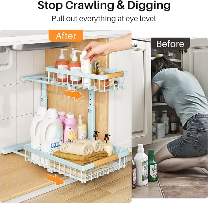 PXRACK Under Sink Organizer, Adjustable Height, 2 Tier Pull Out Under Cabinet Organizer, Slide Out Thickened Metal Under Sink Storage for Kitchen Bathroom Laundry Pantry Cabinet, Blue, Large-2-Pack - Image 3