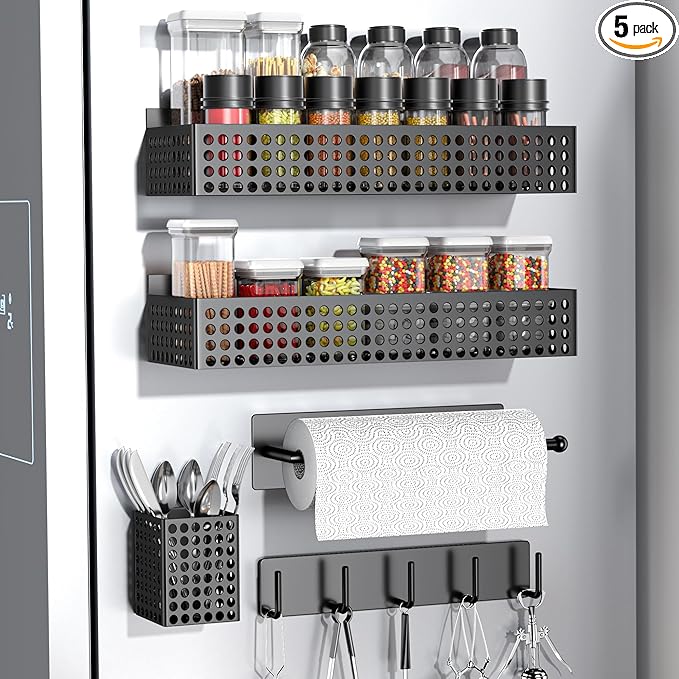 Magnetic Spice Rack for Refrigerator Set of 5 for Kitchen | Strong Magnetic Refrigerator Organizer 2 Tiers and Paper Towel Holder and Utensil Holder, Side Fridge Shelf for Storage by Toosci