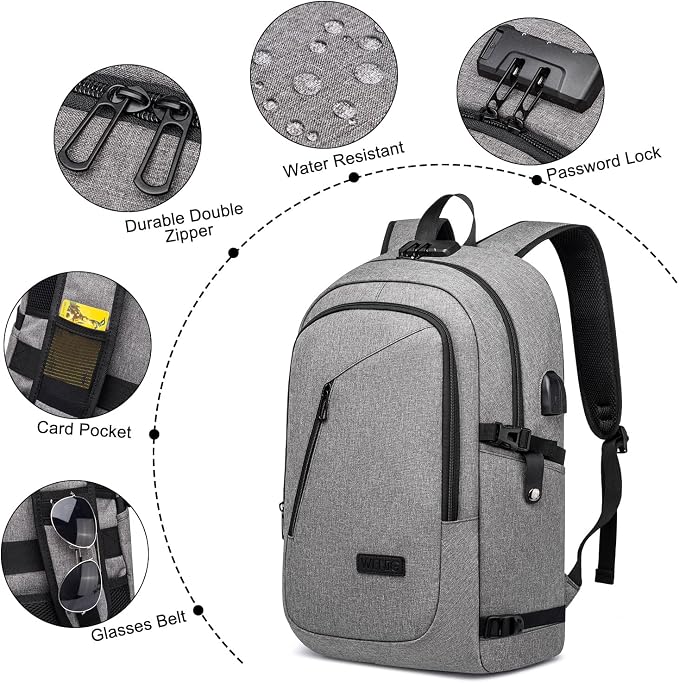 Large Travel Laptop Backpack Water Resistant Anti-Theft 17inch Laptop Bag with USB Charging Port and Lock,Big Business Backpack for Men and Women, Durable Big Capacity Heavy Duty Computer Bag,Grey - Image 4