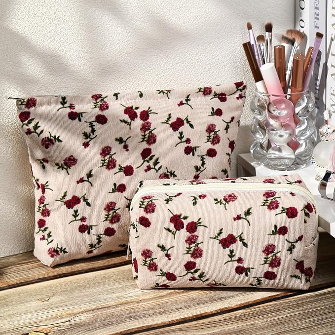SOIDRAM 2 Pieces Rose Makeup Bag Large Corduroy Cosmetic Bag Capacity Canvas Mix Travel Toiletry Bag Organizer Cute Makeup Brushes Aesthetic Accessories Storage Bag for Women, Rose Mix White - Image 7