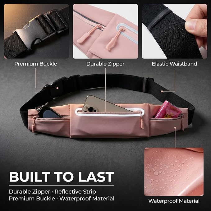 Running Belt for Women Men, Slim No-Bounce Waist Pack, Water Resistant Reflective Phone Holder Fits Phones up to 7.5 inch, Adjustable Fanny Pack for Running Jogging Hiking (Pink) - Image 6