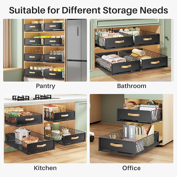 Pull out Cabinet Organizer,Heavy Duty Slide out Pantry Shelves Drawer Storage with Adhesive Nano Film,Sliding Mesh Cabinet Basket with Handle for Kitchen, Bathroom, Home, 15.8"W X 21"D X6.2"H,Black - Image 9