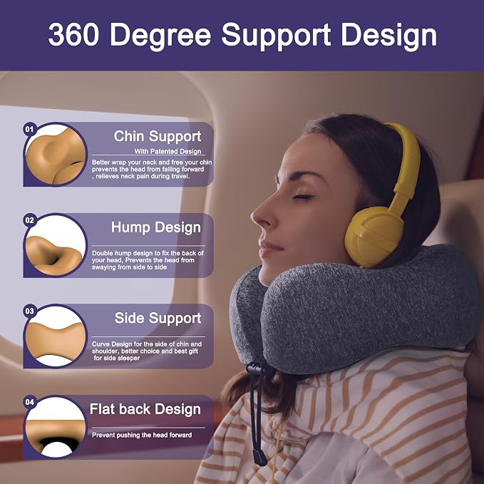 napfun Neck Pillow for Travel, Memory Foam Airplane Pillow, Full Grey | 360° Neck Support, Upgraded 100% Memory Foam for Airplane, Car, Train, Bus, Office Sleep, Travel Essentials for Long Flights - Image 3
