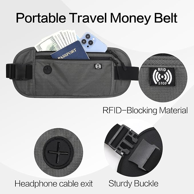 TRAVELSAFE Slim RFID Blocking Money Belt for Travel - Anti-Theft Hidden Passport Holder Waist Wallet with Secure Pouch for Cash, Credit Cards & Phone Safe (B-Dark Grey) - Image 2