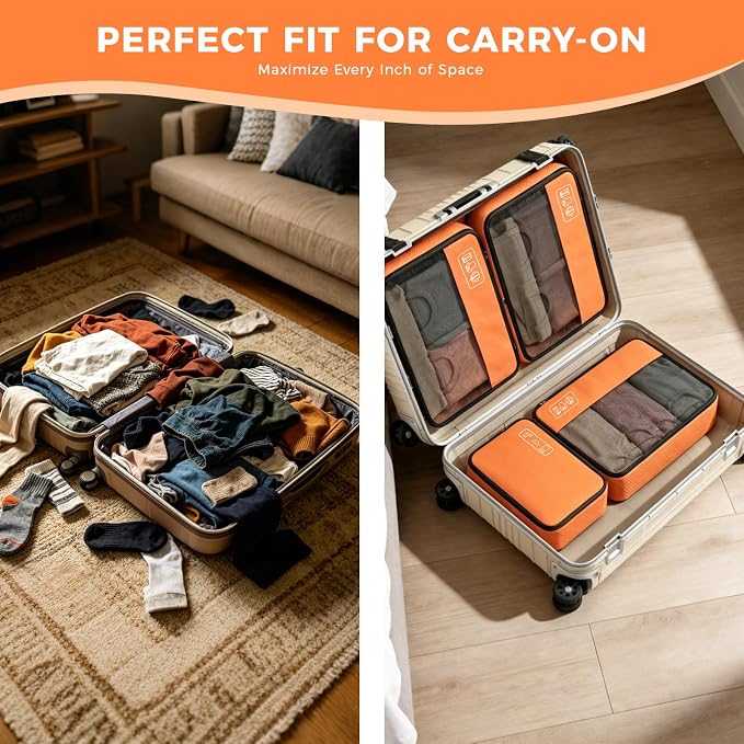 8-Piece Compression Packing Cubes for Travel, Keep Space Saving and Tidy | Bright & Lightweight Luggage Organizer for Outdoor Travel & Adventure, Space Save for Backpack, Duffel Bag & Suitcase- Orange - Image 4
