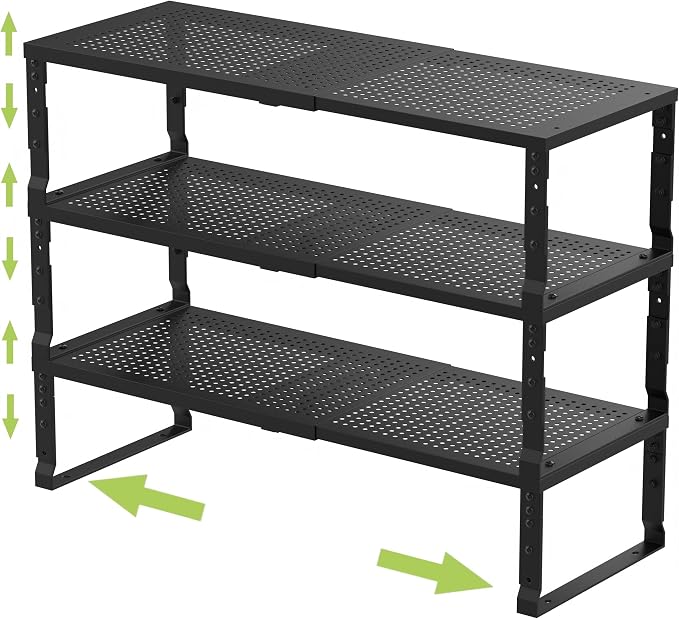 Jojocross Expandable Adjustable Stackable Kitchen Organizer, Spice Rack,Metal Pantry Storage Shelves Racks,Counter Shelf for Cabinets, Countertop, Cupboard (3 Packs/Medium/Black) by JOJOCROSSHIGHQUALITYLIFE