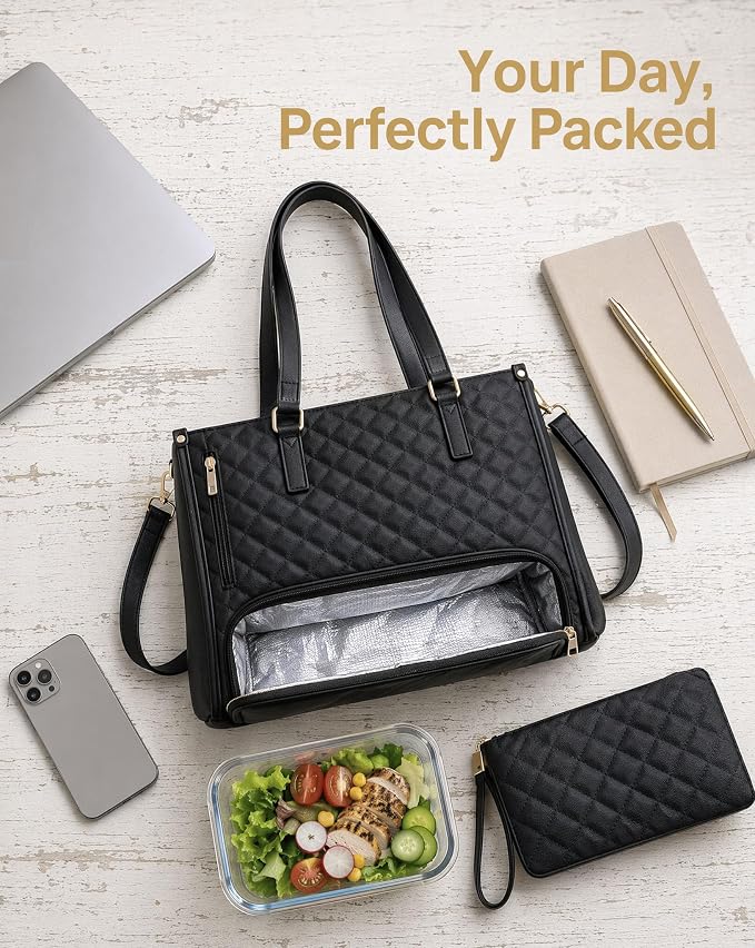 2 in 1 Tote Bag Lunch Bag Combo,Lunch Tote Bag for Women, Large Convertible Laptop Work Handbag for Women (Black) - Image 5