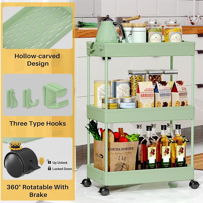 SPACEKEEPER 3 Tier Rolling Cart, Bathroom Cart Organizer with Wheels, Green | Mobile Storage Cart for Laundry Room Organization,Kitchen,Office,Bathroom, Utility Cart for Snack,Craft,Art,Makeup,Nail,Toys - Image 7