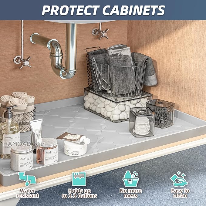 Waterproof Under Sink Mat 34" x 19" Cabinet Protector Silicone Mat | Heavy Duty Deep Drip Tray, Extra Thick Non Slip Liner for Kitchen & Bathroom, Pets, Organizer, Storage, Boots, Home Essential - Image 3