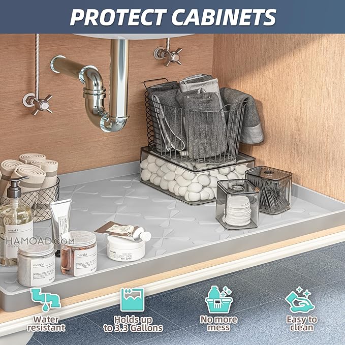 Waterproof Under Sink Mat 19" x 19" Silicone Mat Cabinet Protector | Heavy Duty Kitchen Cabinet Liner, Easy Press Drain, Home Essentials for Pet Feeding, Boots, Bathroom, Organizers & Storage - Image 4