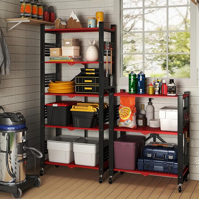 3-Tier Folding Shelf with Roller Casters for Storage Required. | Heavy-duty steel folding shelf Side Pegboard Construction Garage Shelves, Red And Black Perforated Shelves, No assembly - Image 2