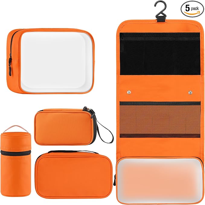 Toncoke Travel Toiletry Bag Set, Hanging Toiletry Bag Premium Faux Leather, Toiletry Bag for Women & Men, Travel Essentials Makeup Bag Water-resistant, Faux Leather Orange by Unknown