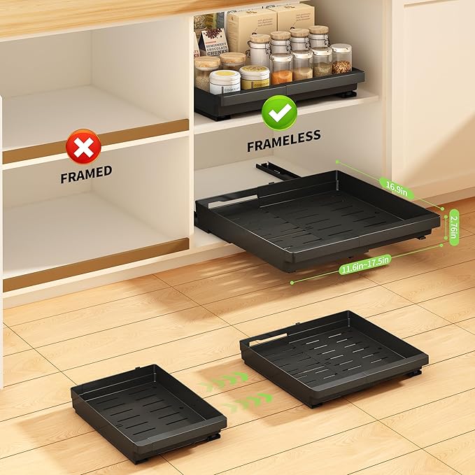 DOMNIU Pull Out Cabinet Organizers Expandable,Black,16.9"Depth,2 Pack | Slide Out Drawers for Kitchen, Bathroom, Pantry, Under Sink Storage, Fixed with Adhesive Nano Film (11.6''-17.5'') - Image 3