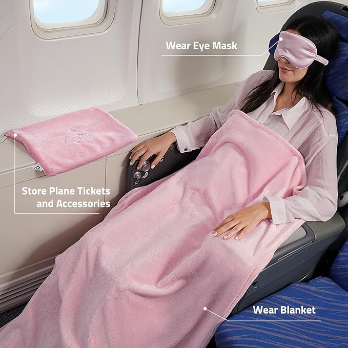 Travel Blanket Pillow,Airplane Blanket Compact with Bag Eye Mask, Ultra-Soft,Warm & Lightweight Included,Travel Essentials for Women & Men, Luggage Sleeve & Backpack Clip 65x40 in, Pink - Image 2