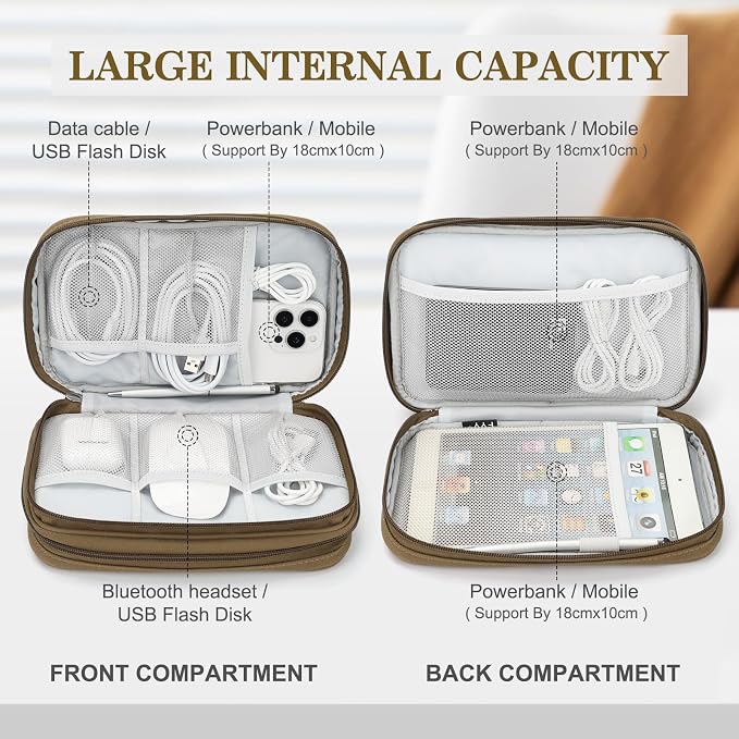 FYY Electronic Organizer, Travel Tech Pouch Bag, Large, Brown | Wrist Strap, Waterproof, Double Layers Portable Electronics Travel Carrying Case for Cord, Charger, Daily Business Trips Use - Image 3