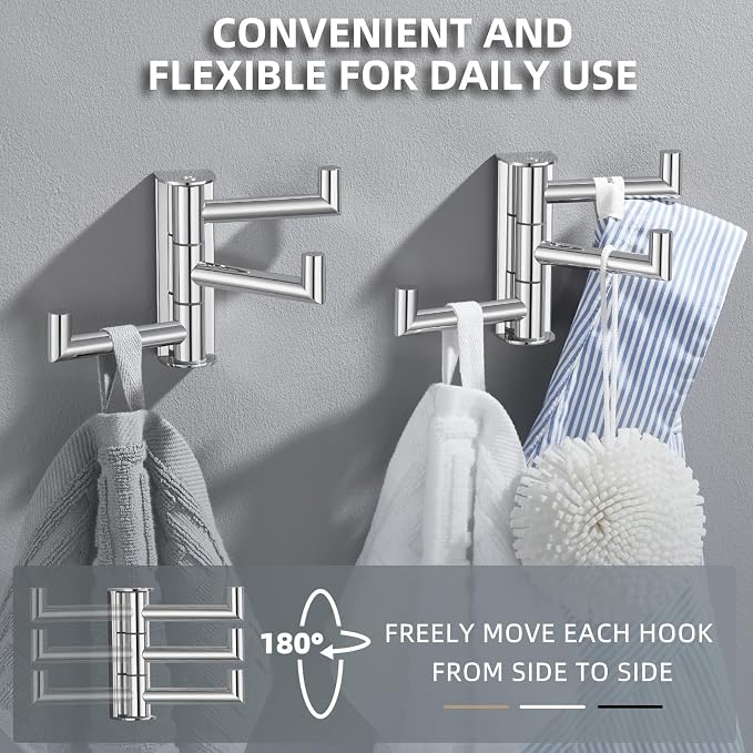 Angle Simple Swivel Towel Hooks, Robe Coat Hook 2 Pack, Polished Chrome | 304 Stainless Steel, Foldable Hand Towel Holder for Bathroom Kitchen Closet Cabinet, Compact Space Saver, Screws Wall Mount - Image 5
