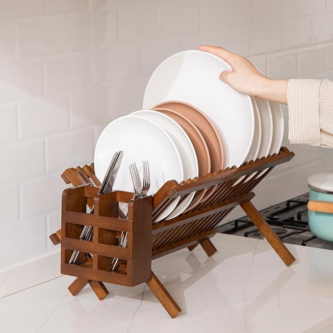 HBlife Dish Rack,Teak Folding 2-Tier Collapsible Drainer Dish Drying Rack with Utensils Flatware Holder Set (Dish Rack with Utensil Holder) - Image 7