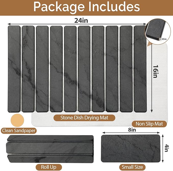 Large Stone Dish Drying Mat for Kitchen Counter, Quick Dry Stone Dishes/Bath Mats,Foldable Water Absorbing Diatomaceous Earth Drying Organizer Pad for Plate Rack Bottles Utensils(Dark Gray 24"×16") - Image 3