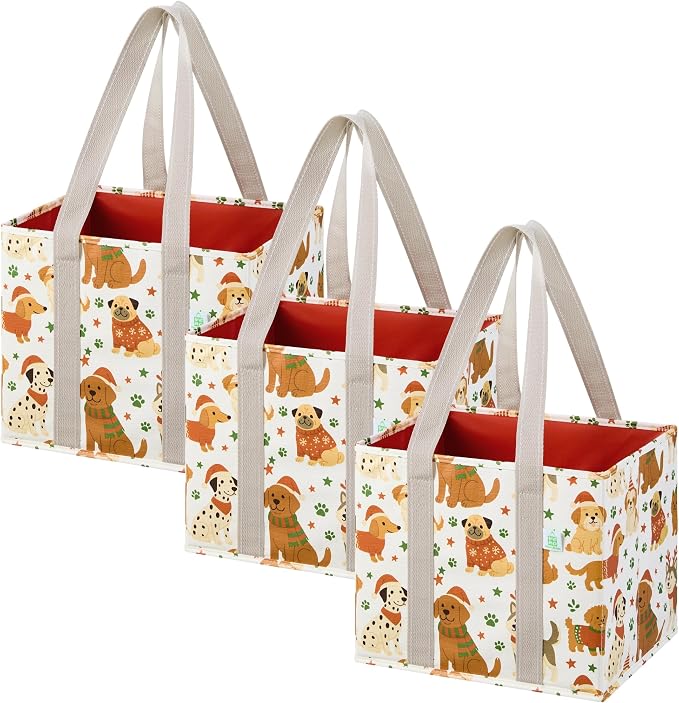 VENO 3 Pack Heavy Duty Reusable Grocery Shopping Bags Utility Tote | Water Resistant, Storage Box with Sturdy Handles & Hard Bottom, Foldable for Groceries Shopping Cart(Holiday Pups, 6 Gallon) by Veno