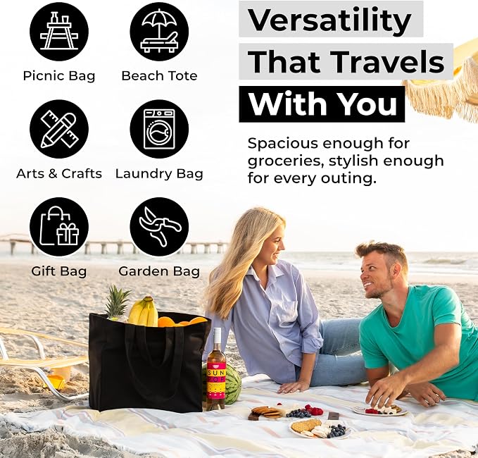 VeraMia Canvas Grocery Bag 3pc XL Set with Real Pockets, Long Shoulder Strap and Short Handle. Heavy Duty, Foldable, Washable - Image 5