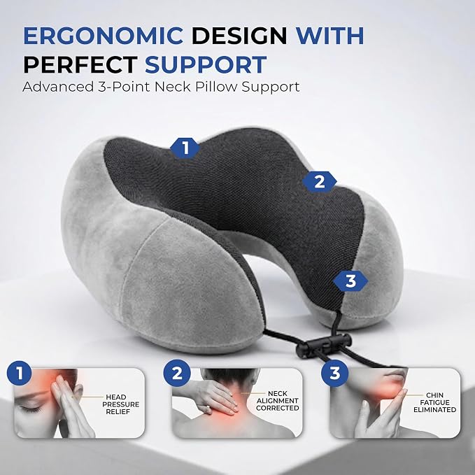Travel Neck Pillow, Premium Memory Foam, Travel Pillow for Flights, Neck Pillow for Travelling, Ergonomic Neck Support Cushion, Lightweight & Washable Cover (Gray - U Shape) - Image 4
