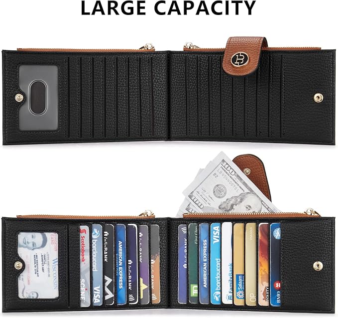 BOSTANTEN Leather Womens Wallet Large RFID Blocking Slim Card Holder | 16 Card Slots, 2 Zipper Pockets, Bifold, Long, Fits Most Purses, Organized Everyday Carry, Ladies Gifts, Black＆Brown - Image 6