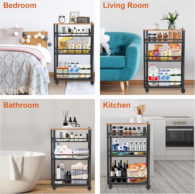 3-Tier Rolling Cart Slim - Black Laundry Bathroom Kitchen | Steel Frame, Mesh Baskets, for Small Spaces, 110 lb Capacity, 4 Wheels 2 Lockable, Utility Storage Snack Coffee Craft - Image 6