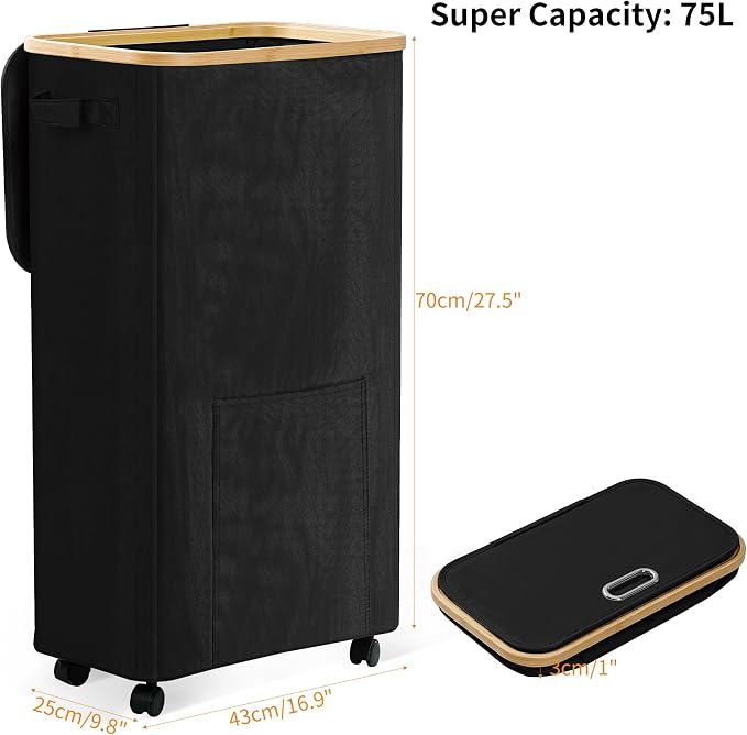 Laundry Basket with Wheels, Dirty Clothes Hamper on Wheels, Rolling Tall Laundry Hamper with lid for Laundry Room, Dorm and Bathroom, 75L Black - Image 2