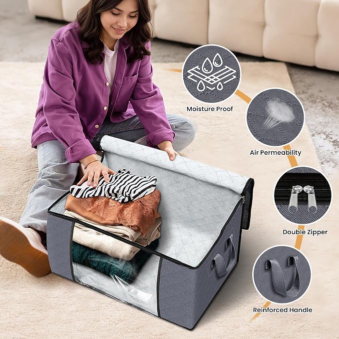10 Pack Storage Bags for Clothes Blanket Storage Bins with Lids | Foldable Closet Organizers with Zippers,Window and Handles,Fabric Storage Bins for Sweater,Comforter,Bedding,Dorm essentials - Image 4