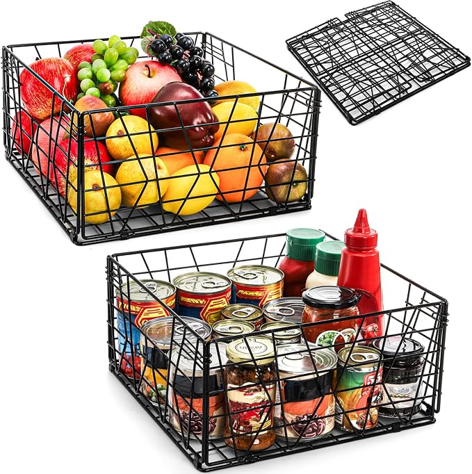 TOPZEA 2 Pack Black Metal Food Storage Basket for Pantry Organization, Foldable Wire Cabinet Organizers with Handle, Canned Goods Snack Baskets Freezer Bins for Organizing Kitchen, Bathroom, Garage by TOPZEA