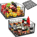TOPZEA 2 Pack Black Metal Food Storage Basket for Pantry Organization, Foldable Wire Cabinet Organizers with Handle, Canned Goods Snack Baskets Freezer Bins for Organizing Kitchen, Bathroom, Garage by TOPZEA