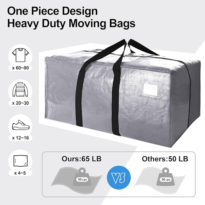 VELVETSURE 12 Pack Heavy Duty Extra Large Moving Bags W/Backpack Straps - Strong Handles & Zippers, Storage Totes For Space Saving, Fold Flat, Alternative to Moving Box and Storage Bin, Silver - Image 5