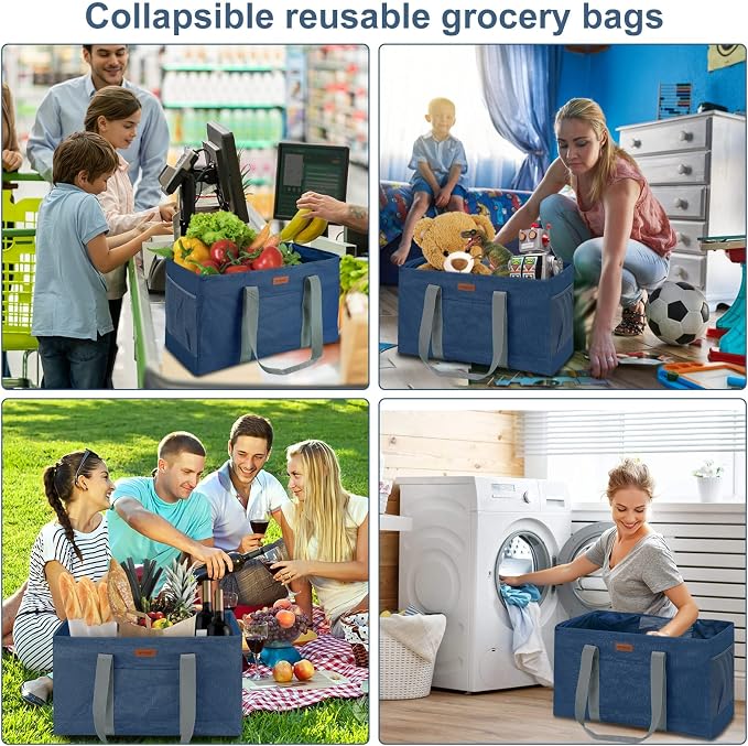 WONDAY DarkBlue Foldable Utility Tote Bag, Reusable Grocery Bag | 22x11x13in, holds 50lbs, 600D Oxford fabric with PP board bottom, folds flat, side panels only, not self-standing - Image 7