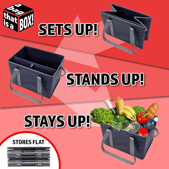 BAG-THAT! 4pk Reusable Grocery Bags Shopping Bags Tote Box Large Heavy Duty Groceries Bag Handles Foldable Reinforced Bottom (Navy Blue/Gray) - Image 2