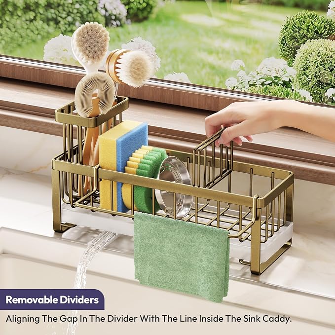 SWTYMIKI Sponge Holder for Kitchen Sink - Sink Caddy with Brush Holder Self-draining Sponge Caddy Organizer with Divider Stainless Steel Kitchen Accessories Storage for Countertop, Dark Gold - Image 4