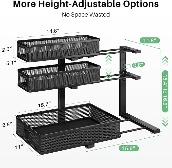 Kitstorack Under Sink Organizer, 1-Pack 3-Tier Height Adjustable Thickened Metal Pull out Cabinet Organizer Shelf, Slide out Storage Drawer Rack for Bathroom Kitchen Pantry Home Laundry Organization - Image 3