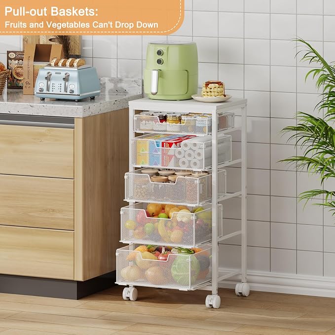 Kitchen Storage Cart with Wheels, 5-Tier Fruit Vegetable Storage Cart, Kitchen Organizer and Storage Cart with Drawers, Wooden Top Metal Wire Pantry Storage Cart for Fruit Snack Onion Potato, White - Image 5