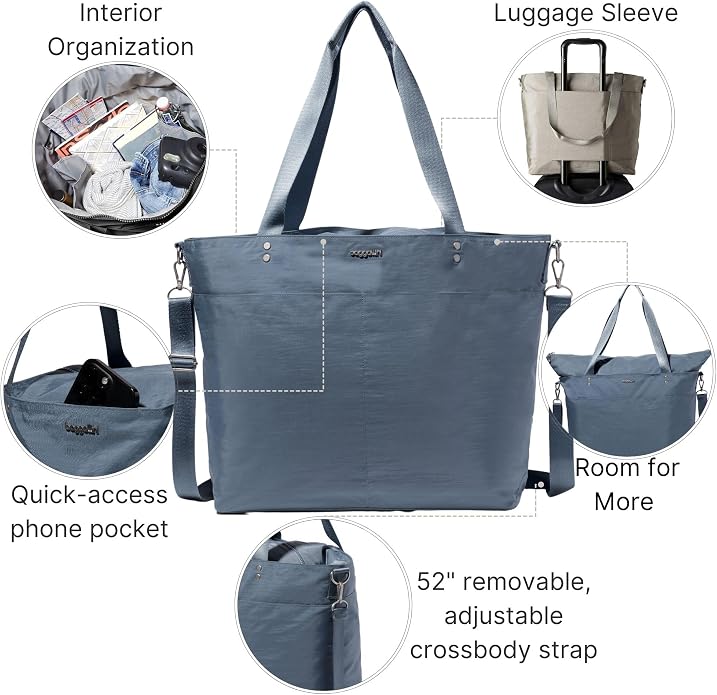 Baggallini Carryall Tote - Lightweight Nylon Zipper Top Weekender Travel Beach Bag w/Luggage Sleeve - Image 3
