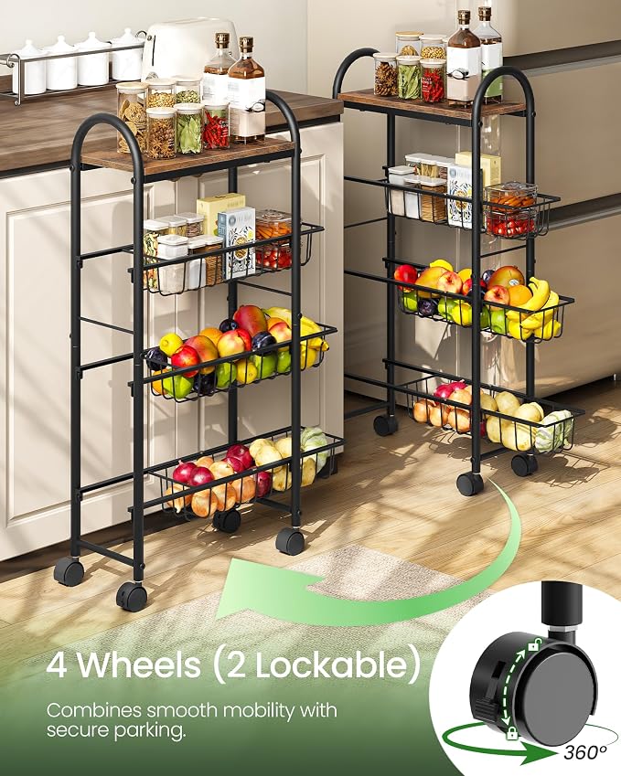 Slim Storage Cart, Storage Shelf on Wheels, Storage Rack with Pull-Out Baskets, Movable Cart with Handles, for Kitchen, Laundry Room, Living Room, Black and Rustic Brown TTC05BF - Image 5