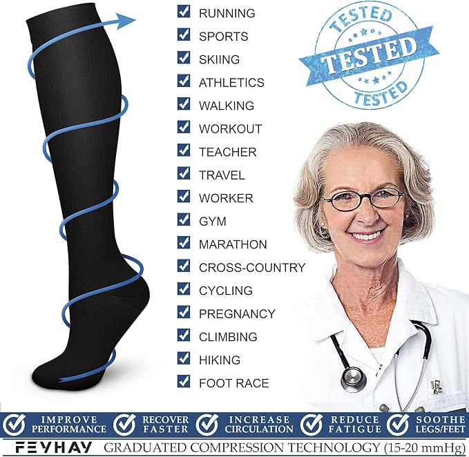 FEYHAY Copper Compression Socks (3 Pairs) 15-20 mmHg Circulation is Best Athletic & Daily for Men & Women, Running, Climbing - Image 6